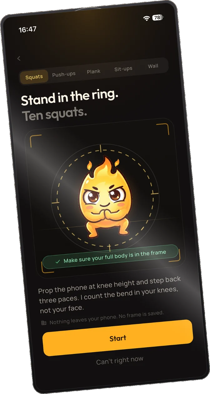 Spark Break action screen: ten squats counted by the camera